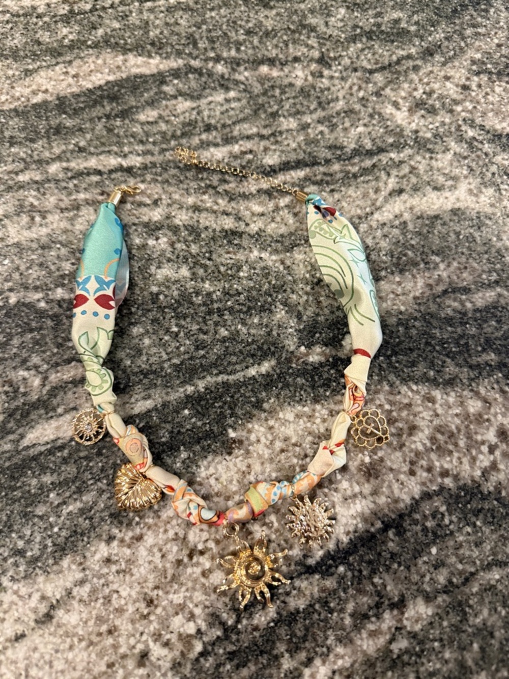 Gold Sun Charm Multicolor Fabric Statement Necklace